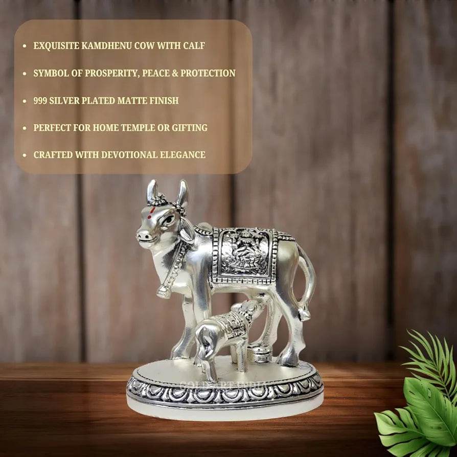 Gold Art India Kamdhenu Cow and Calf Idol | Silver Matte Finish Decorative Murti | 7.62 cm x 7.62 cm | Sacred Gau MATA Statue for Home Temple & Gift