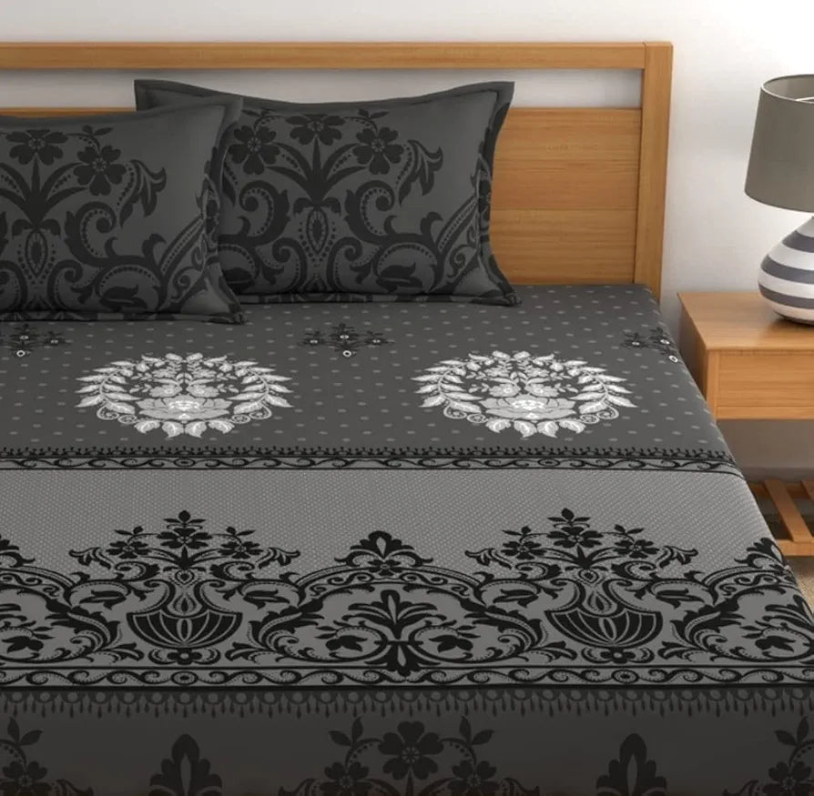 Dreamscape 100% Cotton King Fitted Floral Bedsheet With 2 Pillow Covers - 