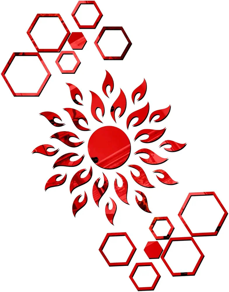 Bikri Kendra Ind - Sun with 12 Hexagon Rings  Mirror Stickers for Wall, Acrylic Sticker for Wall