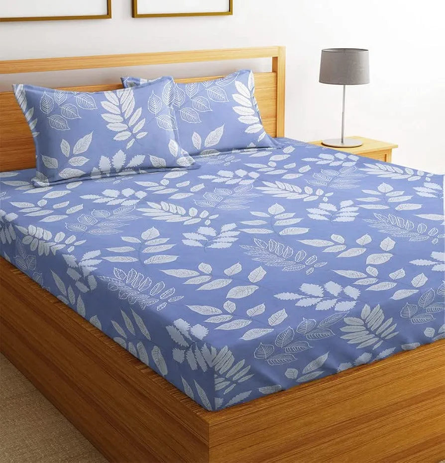 BSB HOME Prime Collections 160tc Pure Microfiber Glace Cotton Breathable Supersoft Wrinkelfree Double Bedsheet with 2 King Size Pillow Covers Royal Blue White Leaf