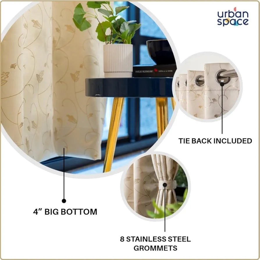Urban Space Pure Blackout Opaque Curtains For Living Room, Gold Foil Printed Luxurious 80-85% Blackout Opaque Curtains Eyelet With Tieback, 1 Piece Pack, Floral Vine Beige 