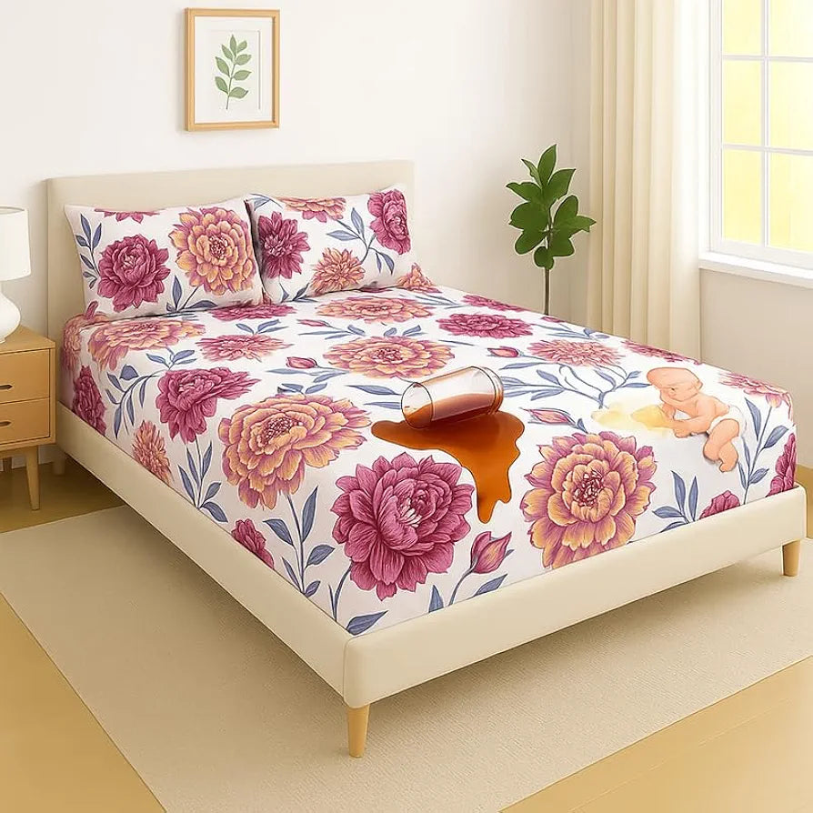 Waterproof Fitted Bedsheet for King Size 78x72+10 inch | Leakproof, Noiseless, Skin-Friendly | Elastic Bed Sheet with 2 Pillow Covers | Dustproof & Breathable -Pink & White