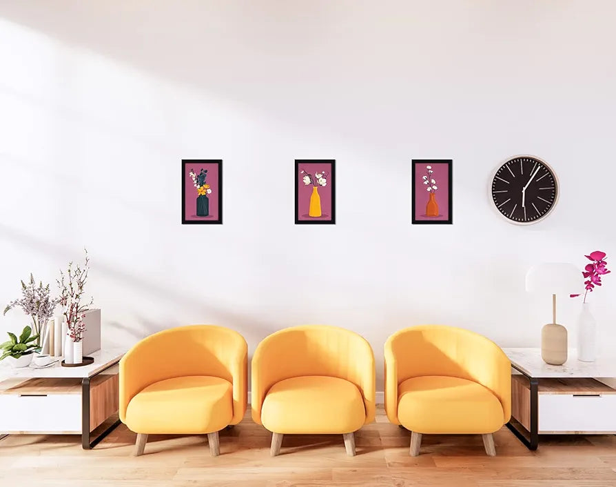 ArtX Paper Floral Vase Wall Art Painting, Framed Paintings, 13 X 25.5 inches, 8.5 X 13 each, Multicolor, Set of 3 