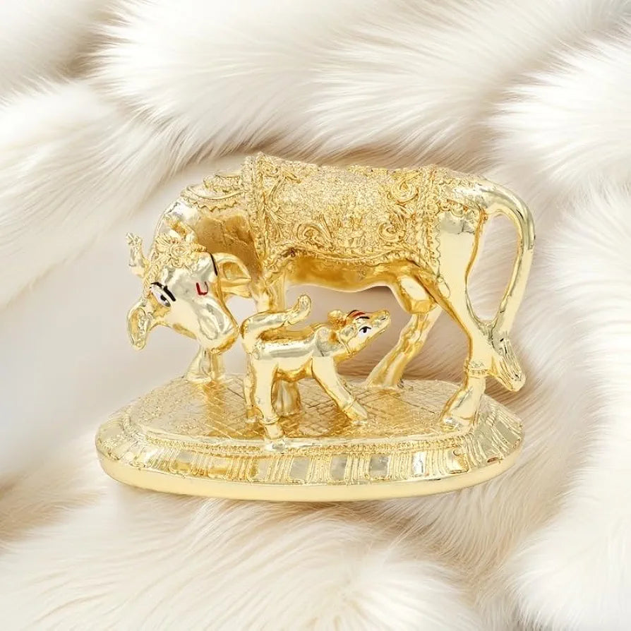 JAIPUR ACE Kamdhenu Cow with Calf Statue, Standard Size, Golden   
