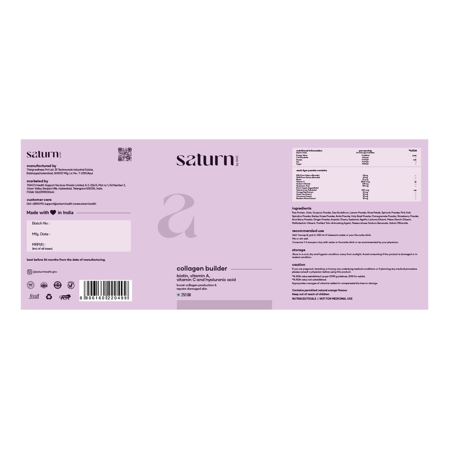 Saturn by Ghc Premium Marine Beauty Collagen Powder - 250 gms - Swadesii