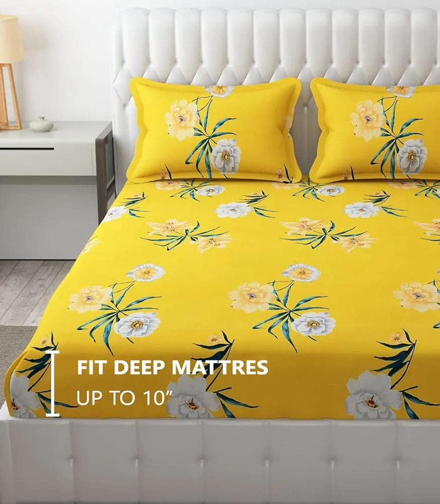 FRESH FROM LOOM King Size Soft Glace Cotton Fitted Floral Bedsheet With Two Pillow Cover,Elastic Fitted Bed Sheets,Hypoallergenic,Peach Yellow),144 TC