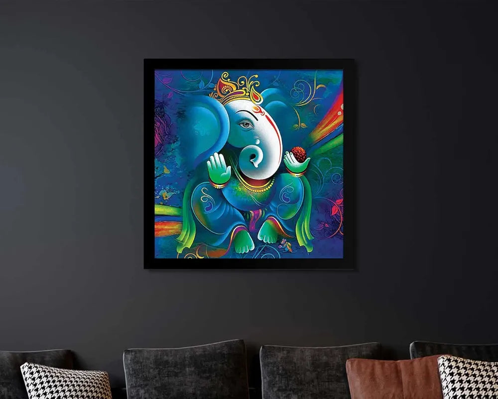 ArtX Ganesh Ji Big Canvas Painting With Frame, Multicolour, Square, 24.0 x 24.0 inch, 2x2 Feet, Set Of 1