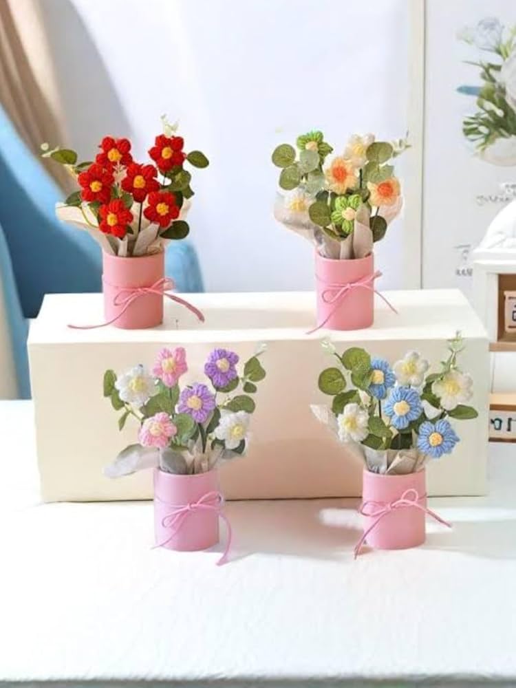 VRB Dec 1pcs Artificial Crochet Flower Bouquet/Artificial Flowers Bunch/Crochet flowers bouquet/Crochet flowers/Flowers Bouquet Gift for Girls Home Decor,gifting,etc. 