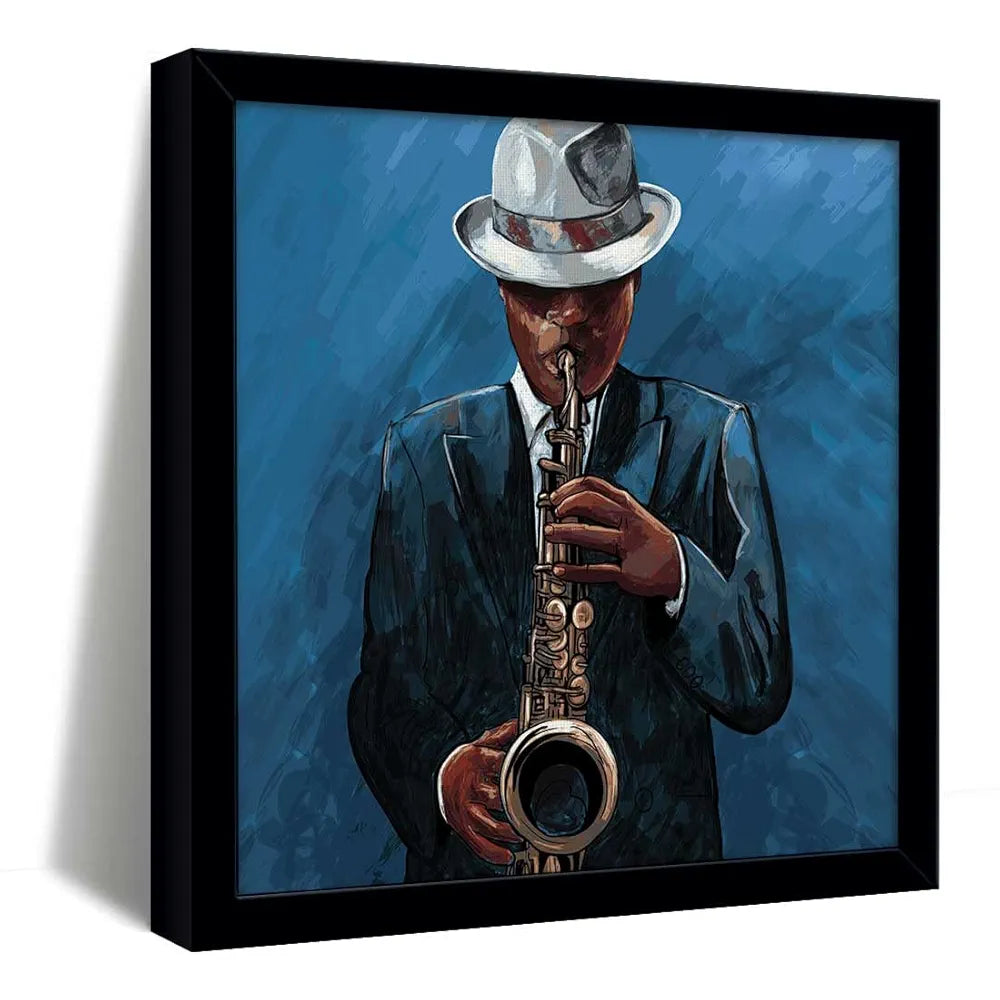 ArtX Musical instrument Man Play Saxophone Big Canvas Painting For Bedroom and Living Room With Frame, Multicolour, Square, 24.0 x 24.0 inch, 2x2 Feet, Set Of 1