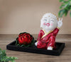 Tied Ribbons Buddha Monk Statue Showpiece with Flower and Wooden Tray Decorations Items