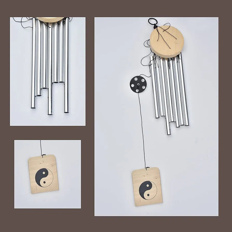 Lilone Wood Aluminum 7 Pipe Silver Wind Chimes For Home Positive Energy | Windchimes For Balcony Bedroom With Sweet Sound | 24 Inch Long