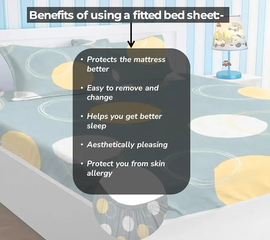 HOMEKART Premium Cotton Elastic Fitted Bedsheets with 2 King Size Pillow Covers Double Bed with All Around Elastic Supersoft Size - 72 x 78 +10 inches Cricle Printed Grey & White 200 tc - 220 tc