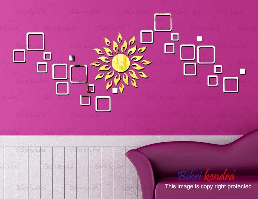 Bikri Kendra - Sun Golden with 24 Square 3D Mirror Acrylic Wall Stickers 