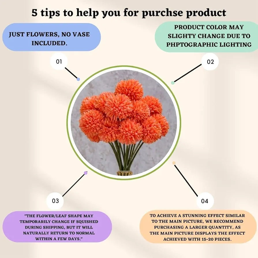 SATYAM KRAFT 5 Pcs Artificial Chrysanthemum Hydrangea Ball Flower Sticks for Home, Office, Bedroom, Balcony, Living Room, Wedding & Craft Decoration  