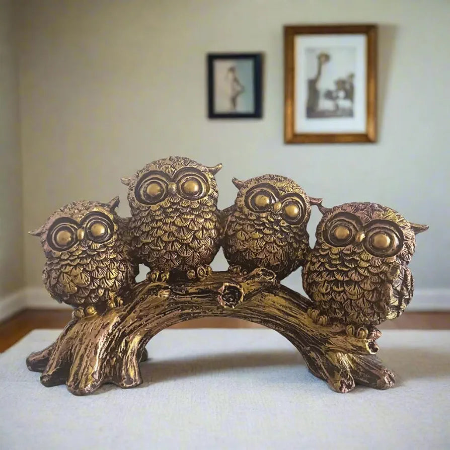 ALILA Owls Set Sitting On Tree Log Owl Lucky Statue Showpiece Idol for Gifting & Home Table Decoration