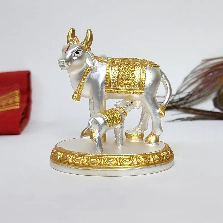 Gold Art India Kamdhenu Cow with Calf Idol Gold Silver Plated with Matte Finish | Home Decor Gaay Bachda Cow |Calf for Vastu | Positive Energy | Wealth Idol Diwali Puja | Housewarming 3.1 Inch
