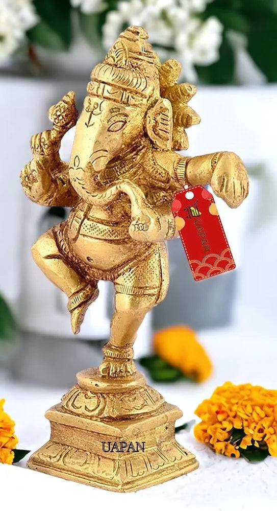 UAPAN Brass Dancing Ganesha Idol, Pooja Pooja Temple Daily Worship 100% Brass Material I Ganesh Brass Idol 