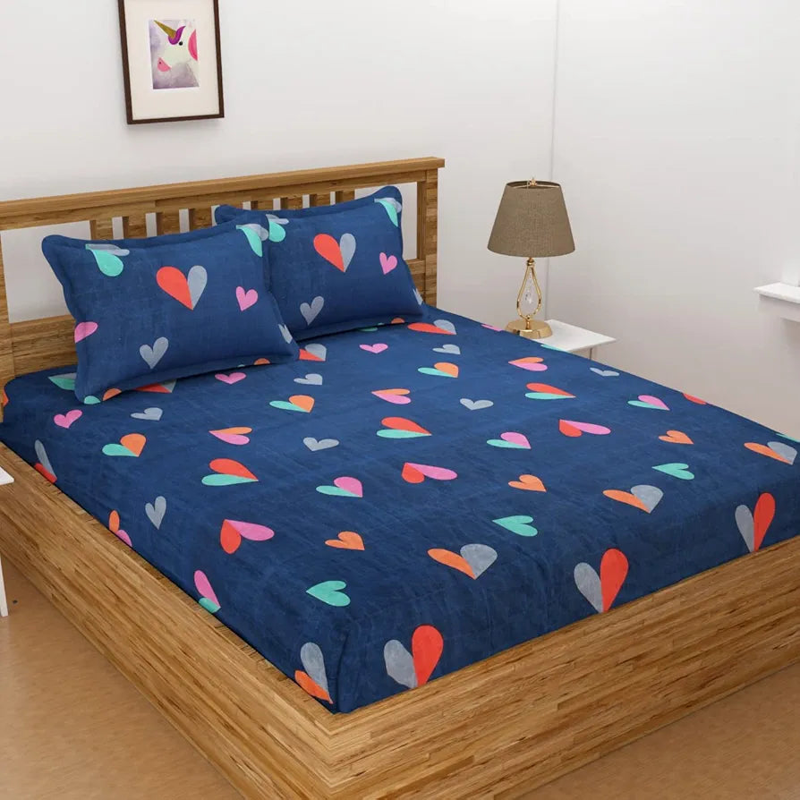 Homefab India 144 TC Microfiber Double Bedsheet with 2 Pillow Covers - Dark Blue, Heart