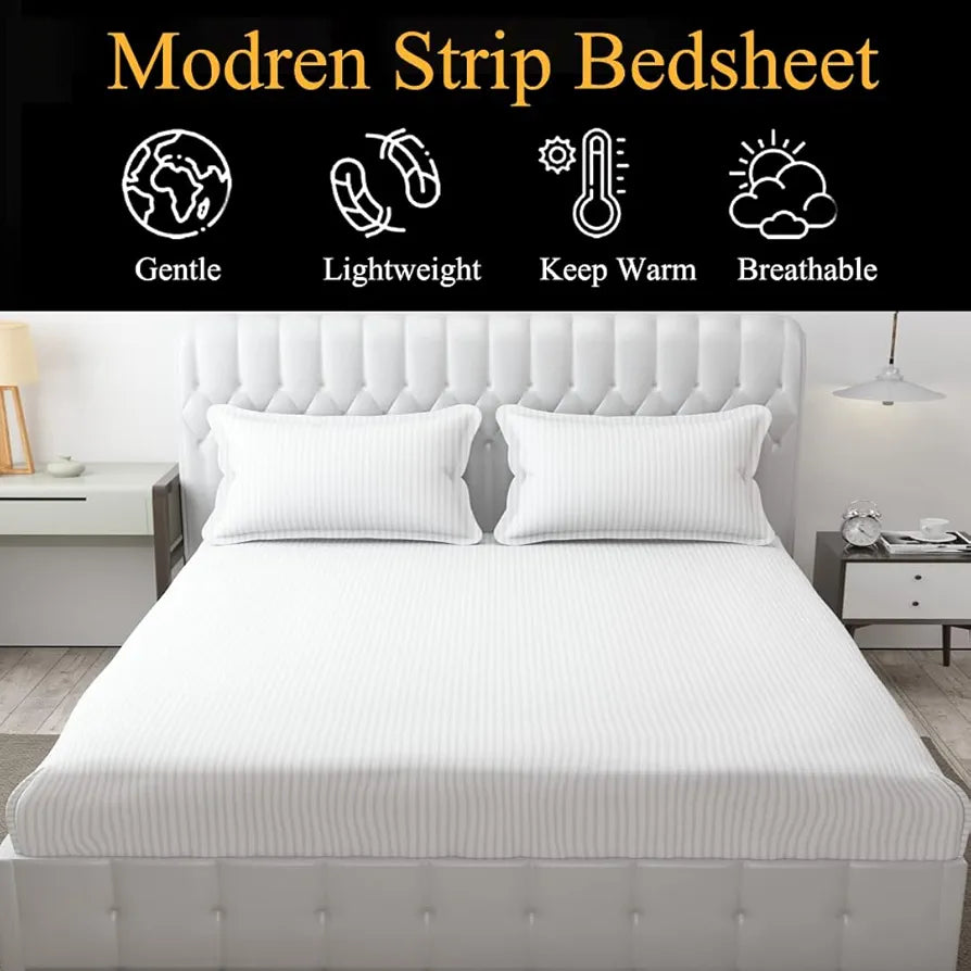FRESH FROM LOOM 300 TC Microfiber Wrinkle Resistant|Soft Skin Safe|Breathable Queen Size Flat Striped Bedsheets|All Season Soft Fabric|Double Bedsheet Set with 2 Pillow Covers 