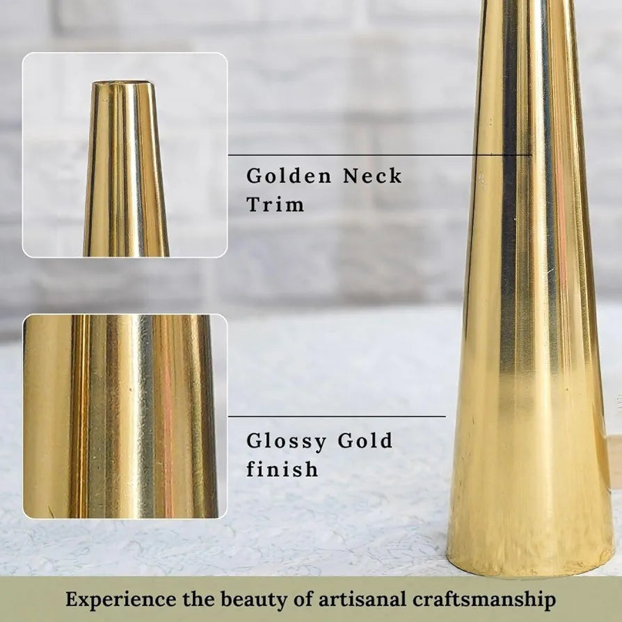 Behoma Golden Metal Slim Cone Flower Vase for Home Decor Bedroom Living Room Office Wedding Table Decorative Item for Festivals Birthday Valentine's Day  Small 
