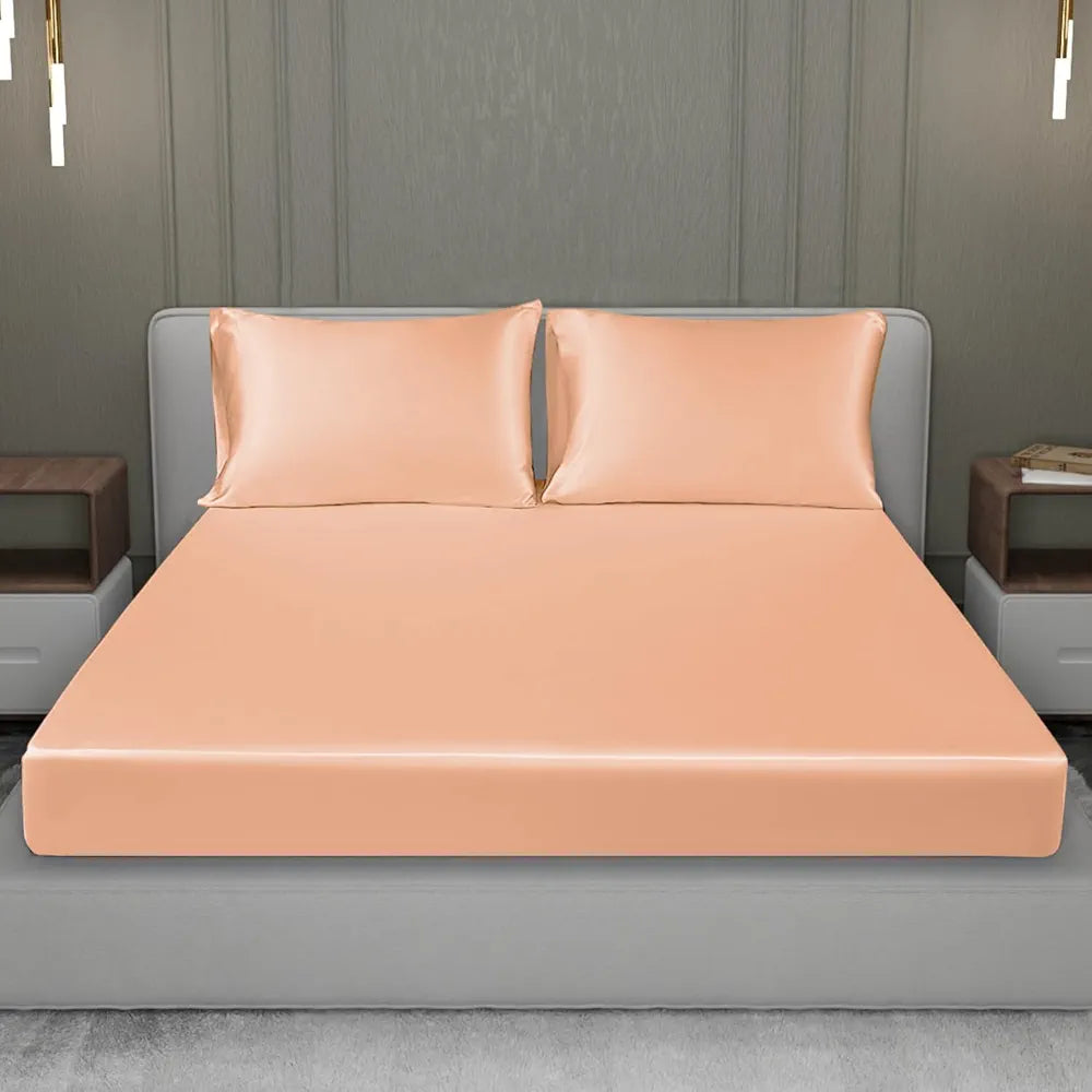 Cloth Fusion Satin Elastic Fitted Bedsheets Double Bed, Luxury Queen Size Bed Sheet with 2 Pillow Covers 