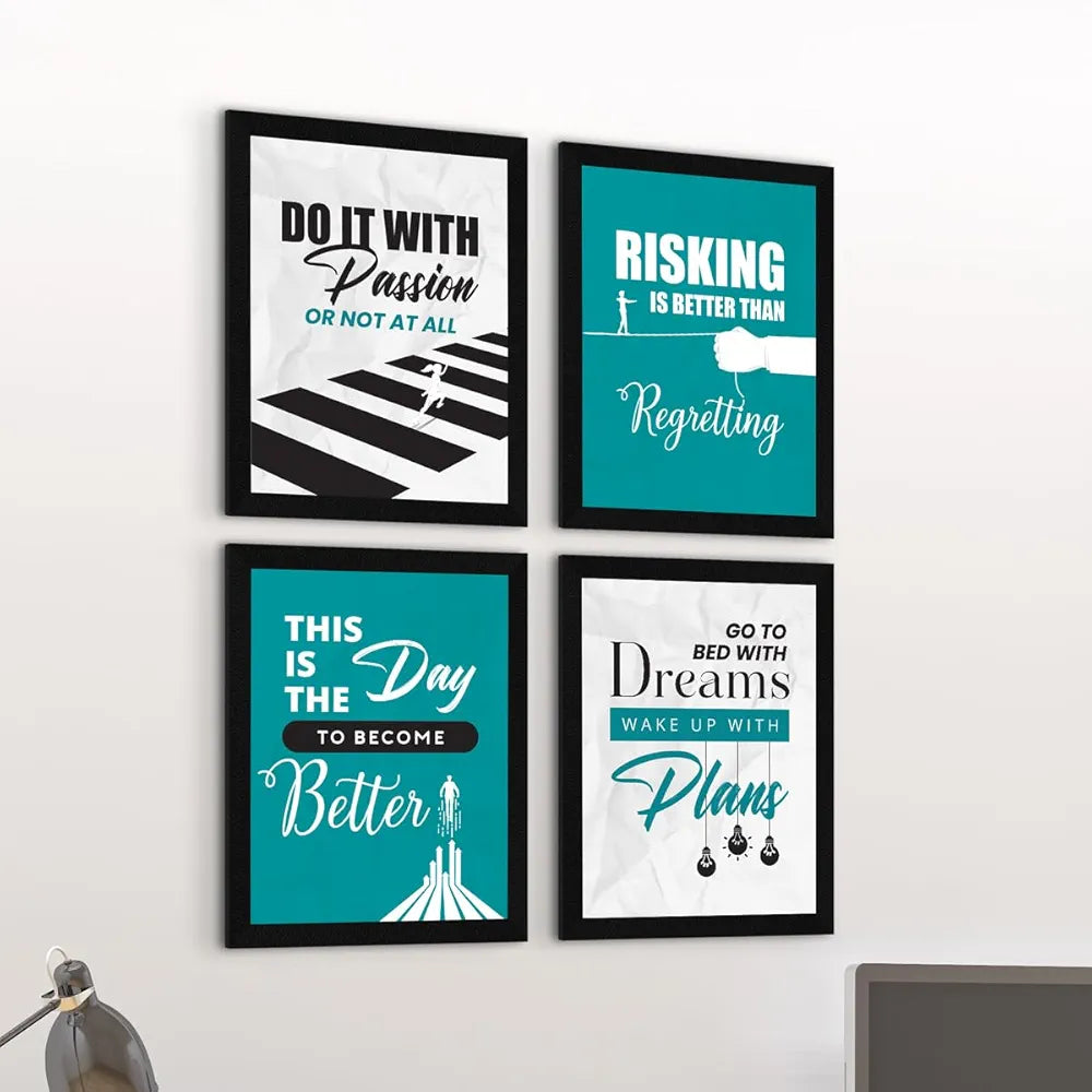 ArtX Paper Dreams Plans Motivational Wall Frames, Motivational Poster Framed, Inspiring Quotes For Home, Office and Study Room Wall Decor, Multicolor Quotes Framed Posters, A4, Set of 4
