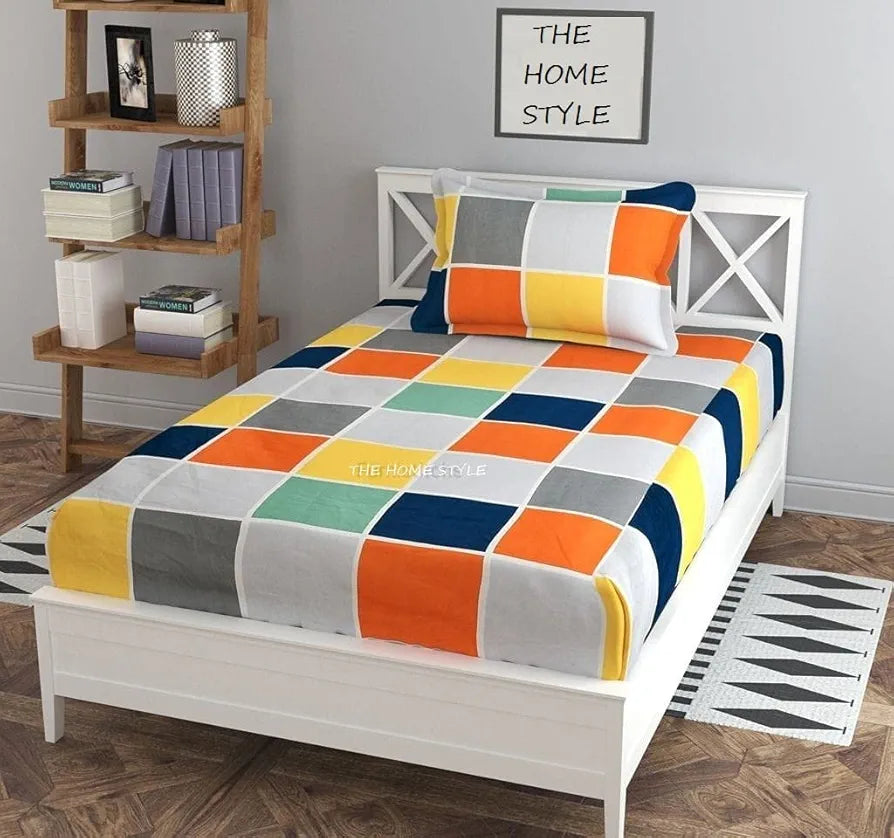 THE HOME STYLE Cotton Feel Glace Cotton Elastic Fitted All Around Printed Full Length Single Bed Bedsheet with 1 Pillow Cover 