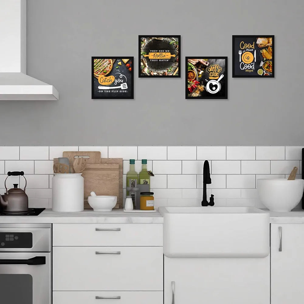 ArtX Kitchen Food Quotes Motivational Funny Wall Art Frames, Framed Posters, 20 X 20 inches, 10.0 X 10.0 inches Each, Multicolor, Synthetic Wood, Set of 4 
