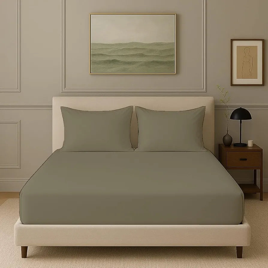 Trance Home Linen 300 TC Bamboo Fitted Queen Size Bedsheet | Soft, Breathable & Eco-Friendly Bedsheet with 2 Pillow Cover - 