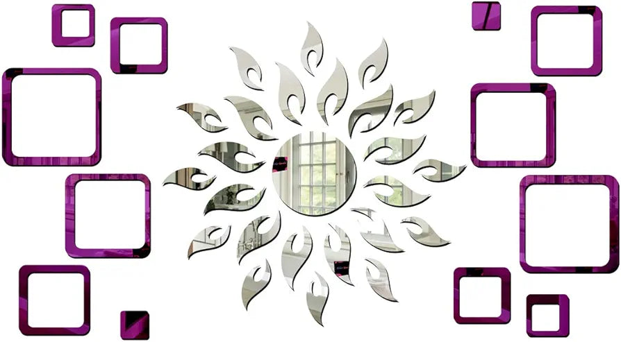 Bikri Kendra Ind - Sun Silver with 12 Square Purple Mirror Stickers for Wall, DecorStickers, Acrylic, Wall Stickers for Hall Room, Bedroom, Kitchen.