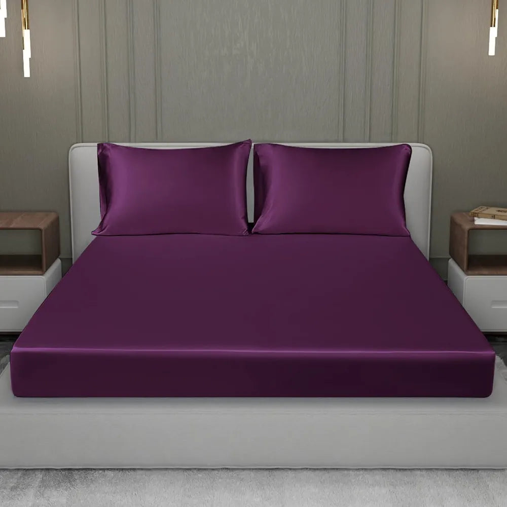 Cloth Fusion Solid 280 TC Satin Elastic Fitted Bedsheet for Double Bed King Size, Luxury Elastic Bedsheets for King Size Bed with 2 Pillow Covers 