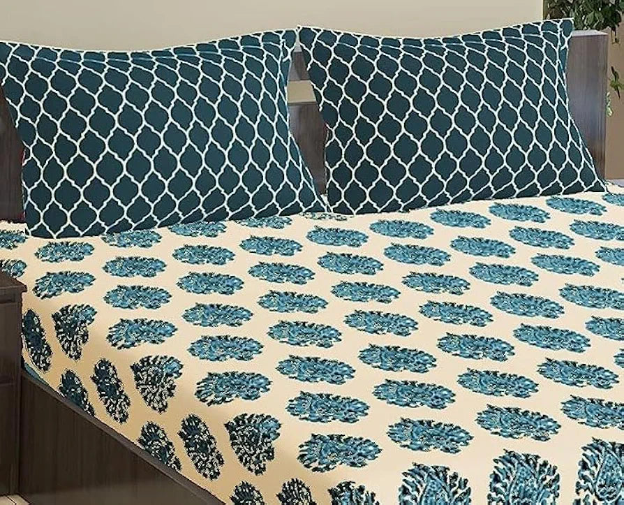 Trance Home Linen 200TC 100% Cotton Elastic Fitted Bedsheet | Printed Queen Bed Size Elasticated Fitted Bedspread with 2 Pillow Covers 