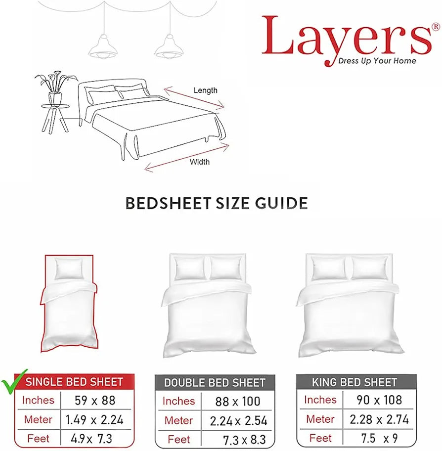 Layers Zen Cotton Blend Single Bedsheet Set  | 1 Single Cotton Bedsheet & 1 Pillow Cover | Breathable & Anti-Wrinkle | 225 CVC | 
