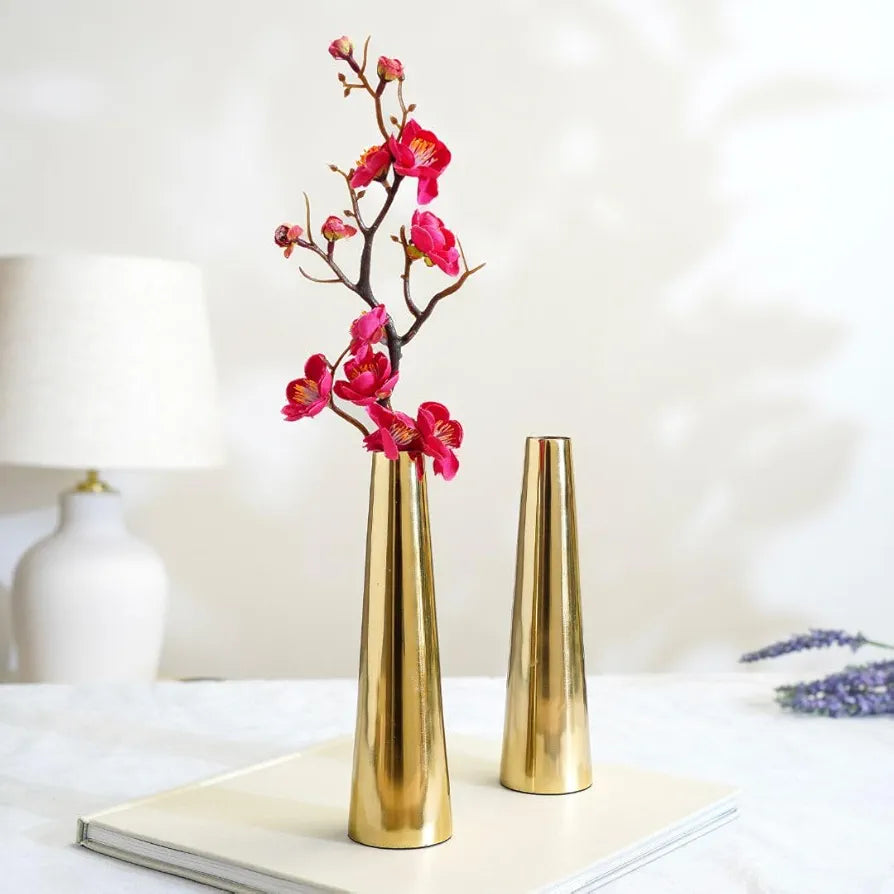 Behoma Golden Metal Slim Cone Flower Vase for Home Decor Bedroom Living Room Office Wedding Table Decorative Item for Festivals Birthday Valentine's Day  Small 