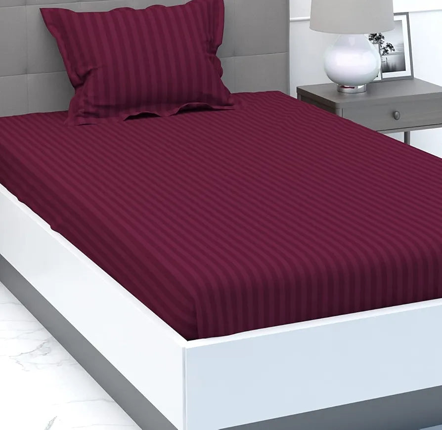 Microfiber Flat Single Bed Bedsheet| Plain Striped Cotton Bedsheet with 1 Pillow Cover for Queen Size Bed| Supersoft 340 TC| Breathable| Wrinklefree| 