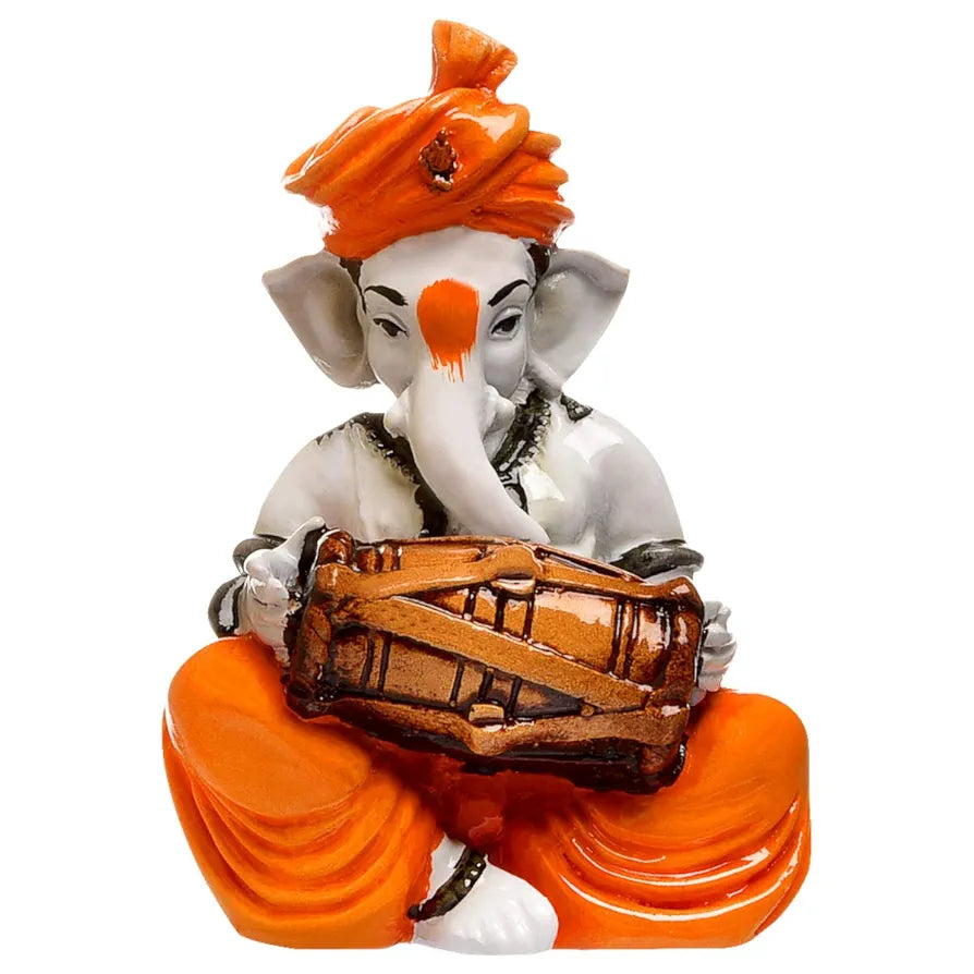 Karigaari India Karigaari Polyresine Orange & White Ganesha Playing Dholak