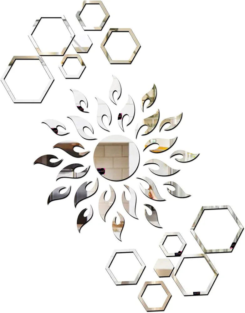 Bikri Kendra Ind - Sun with 12 Hexagon Rings Silver Mirror Stickers for Wall, Acrylic Sticker for Wall