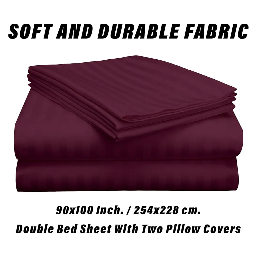 Kuber Industries Double Bedsheet with 2 Pillow Covers | 144 TC Glace Cotton Bedsheet | Satin Striped Bedsheet for Home | Hotel | Bedroom | 90x100 Inch | Maroon