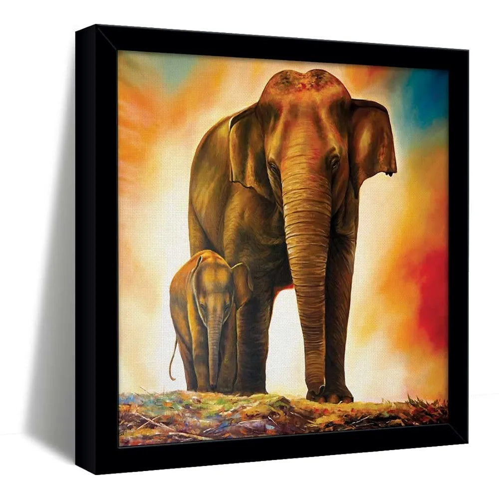ArtX Elephant and Baby Abstract Big Canvas Painting For Bedroom With Frame, Multicolour, Square, 24.0 x 24.0 inch, 2x2 Feet, Set Of 1
