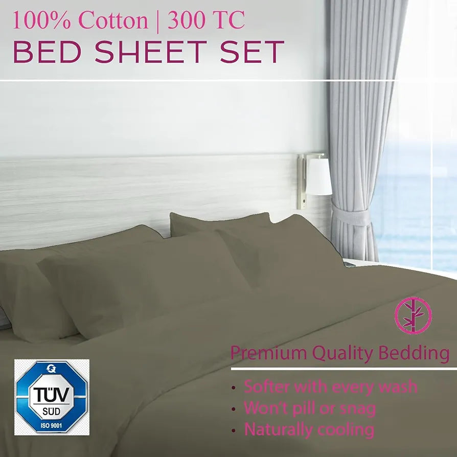 Trance Home Linen Premium 300 TC Pure 100% Cotton King Fitted Bedsheet with 2 Pillow Solid Covers , Grey