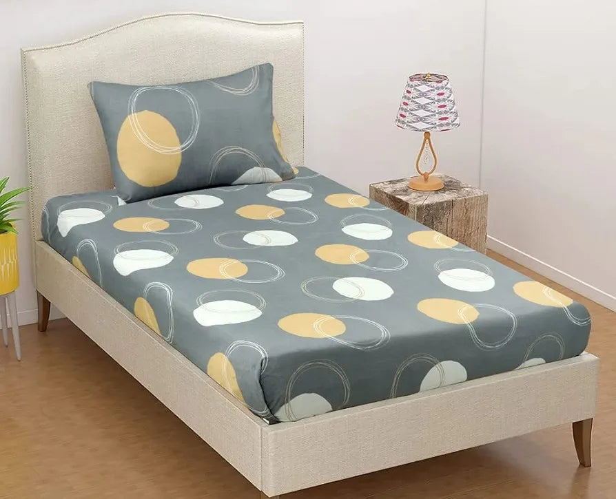BSB HOME Premium Forever Modern Style Glace Cotton Floral Luxurious Beautiful Soft Comfort Designer Floral Pattern 1 Single Size Bed bedsheet and 1 Pillow Cover- Grey,White & Yellow