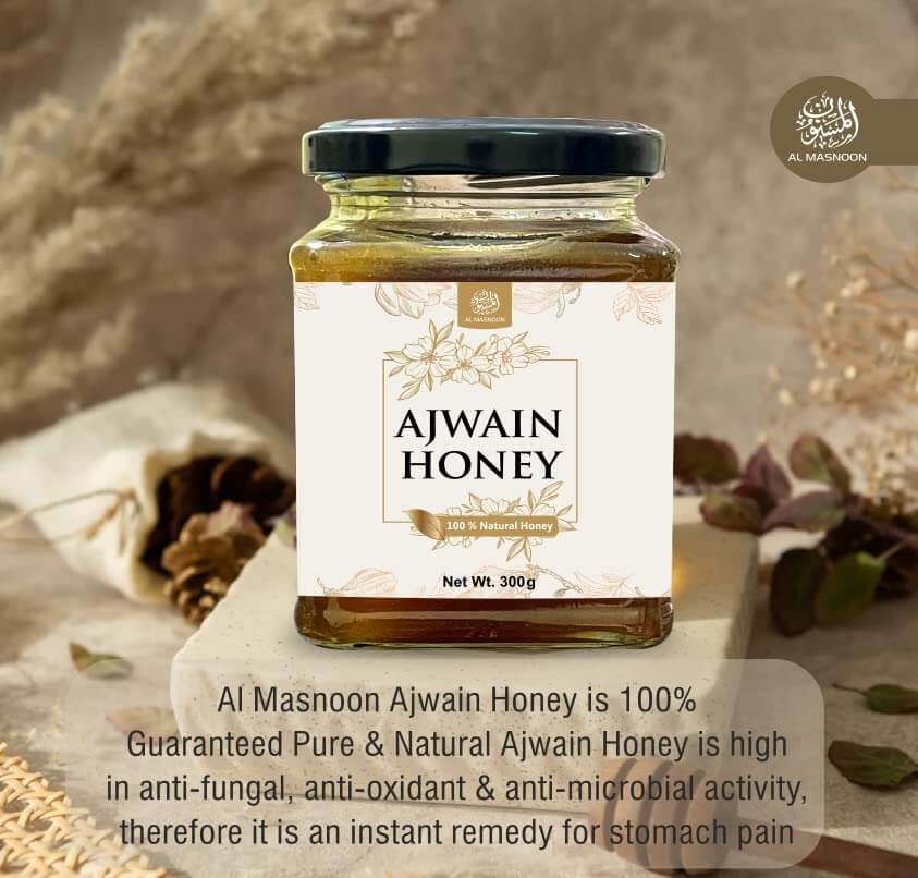 AL MASNOON Ajwain Honey 100% Natural & Pure 300g (pack of 1)/ Raw & Unprocessed/Bees Collects From Ajwain Blossoms
