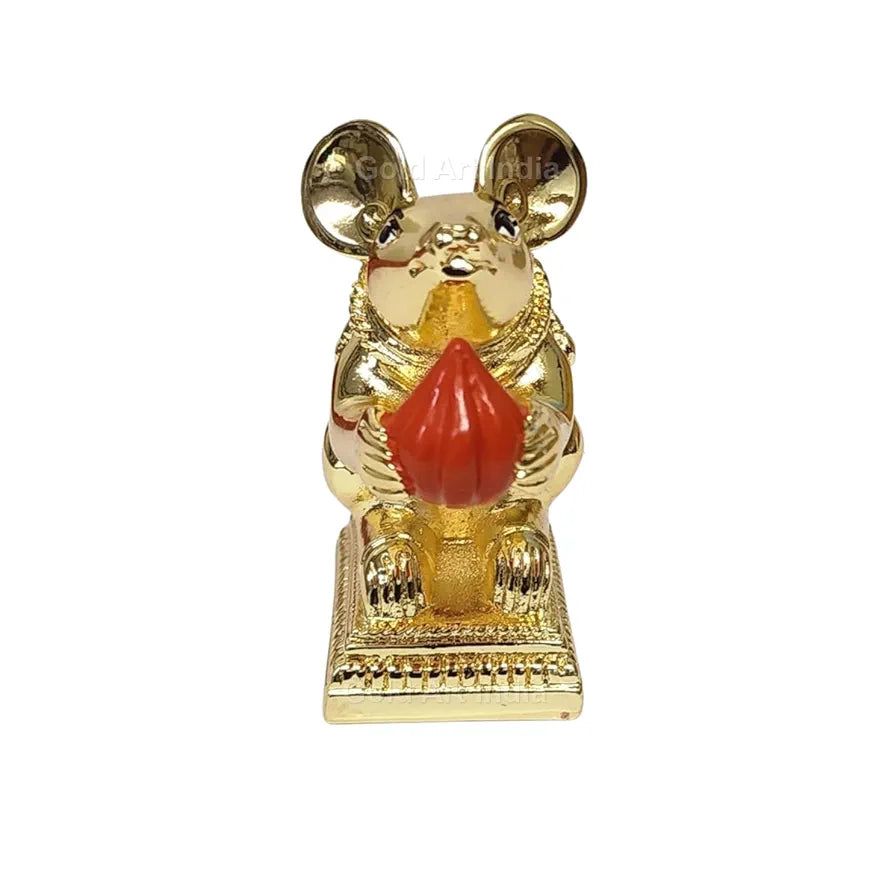 Gold Art India Gold-Plated Mushak  Mouse with Modak | Orange Terracotta Finish | Mouse Idol | Vehicle  of Lord Ganesha | 2.5 Inch Height | Home Decor, Mandir Pooja Room, Office Desk