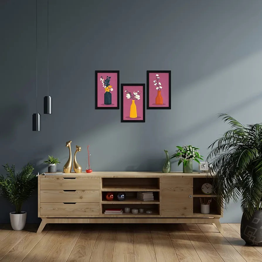 ArtX Paper Floral Vase Wall Art Painting, Framed Paintings, 13 X 25.5 inches, 8.5 X 13 each, Multicolor, Set of 3 