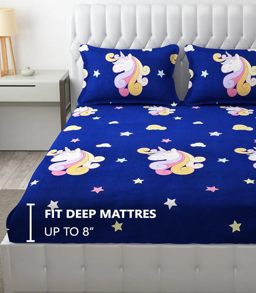 FRESH FROM LOOM 300 TC Glace Cotton Wrinkle Free Soft Elastic Fitted Bed Sheet|Cartoon Printed Bedsheets King Size For Kids With 2 Pillow Cover |Dinosaur/Blue)