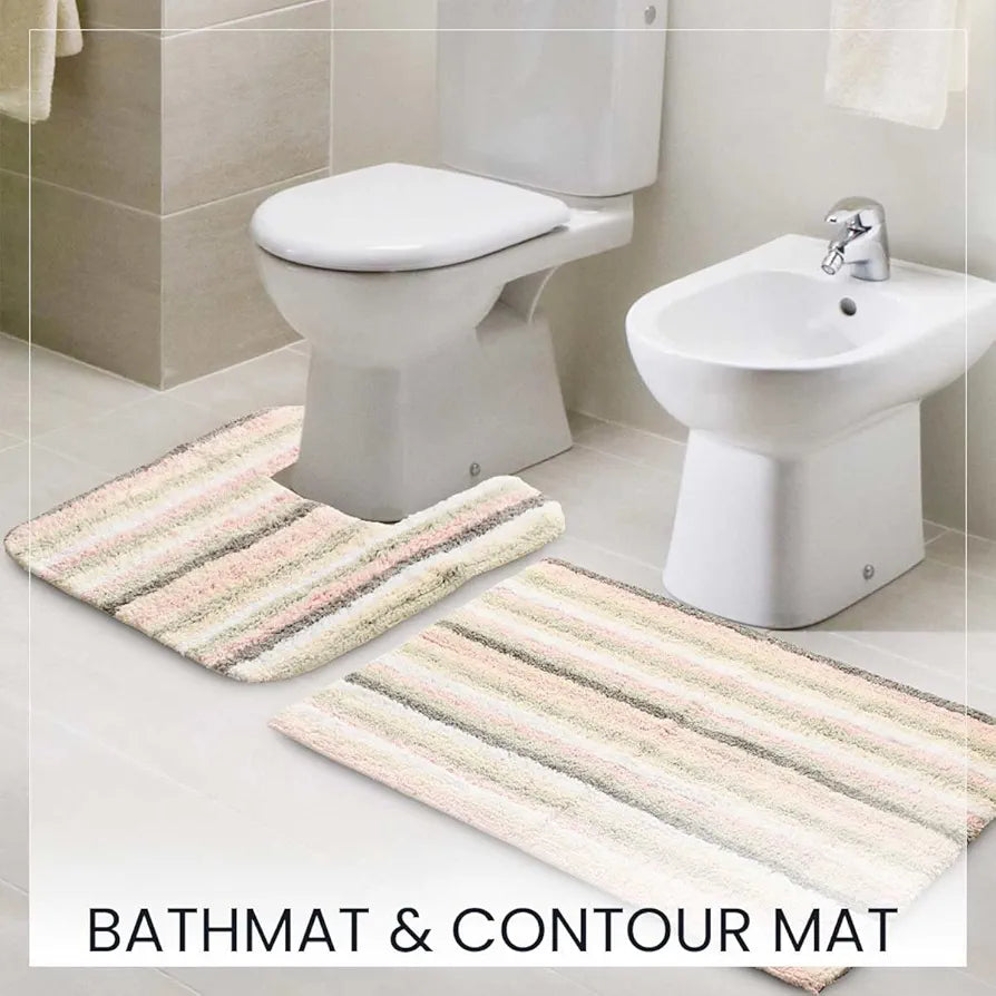 SASHAA WORLD Striped Anti-Skid Bathmat & Contour Set | Ultra Soft, Highly Absorbent, Perfect for Bathroom & Home, 2-Piece Set with Rectangle & Contour Mats | 50x80 cm, Peach, White & Grey