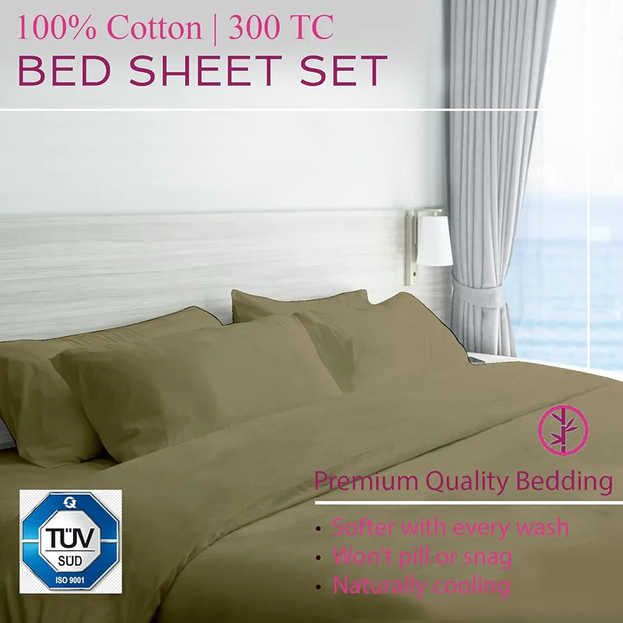 Trance Home Linen Premium 300 TC Pure 100% Cotton Printed King Fitted Bedsheet,Incredible Smooth Finish,King Bed Elasticated Fitted Bedspread With 2 Pillow Covers,Beige,