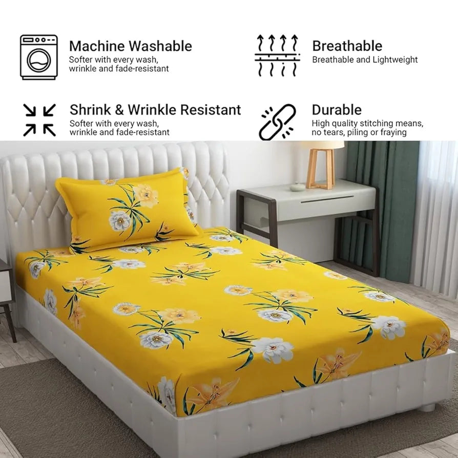 FRESH FROM LOOM Single Bed Floral Design Microfiber Single Bedsheet | Hypo-Allergenic Bedsheets/Bedcover | Wrinkle Free | Includes 1 Pillow Covers , 144 TC