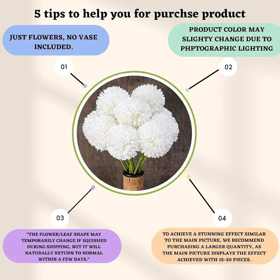 SATYAM KRAFT 5 Pcs Artificial Chrysanthemum Hydrangea Ball Flower Sticks for Home, Office, Bedroom, Balcony, Living Room, Wedding & Craft Decoration  