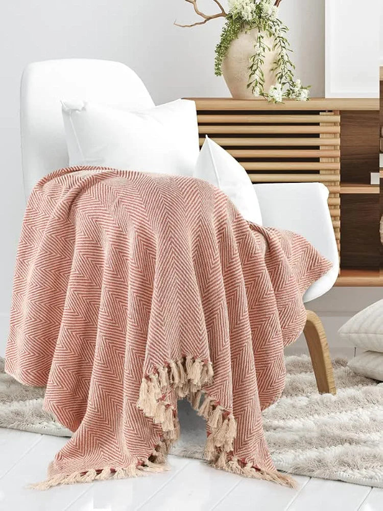 SASHAA WORLD Striped Chevron Throw Blanket | Throw for Sofa, Bedroom & Chair | Blush Pink Throw Blanket | 180 x 130 cm Pack of 1